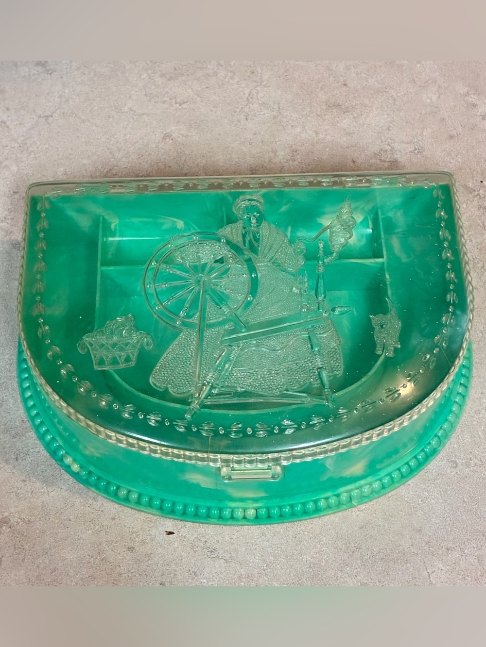 Vintage Hommer Mfg Sewing Box Jade Green Marbleized Plastic Spinning Wheel Cat